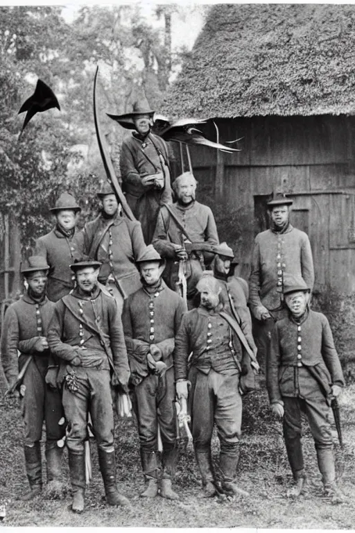 Prompt: lost photo of Civil War soldiers standing in front of a barn posing with a dead Pteranodon, sepia,