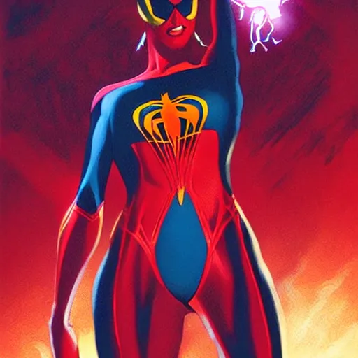 Image similar to jessica drew spider - woman, flying, dramatic volumetric red lights, art by alex ross