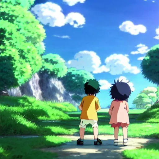 Image similar to diverse toddlers playing, anime style, environmental art animation background, studio ghibli, makoto shinkai