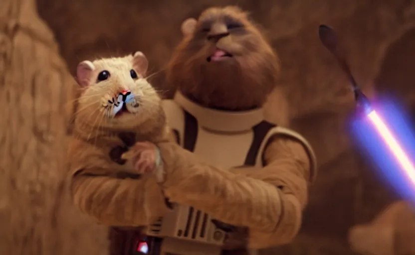 Image similar to movie still, star wars, hamster wielding a lightsaber, cinematic, sharp focus, cinematic lighting, 8 k