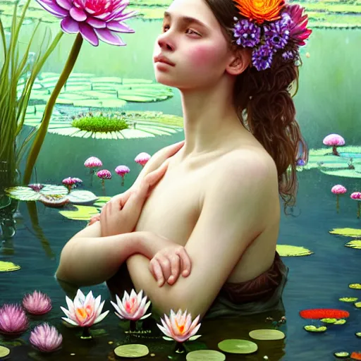 Image similar to Portrait of a girl surrounded by flowers and morphing into mushrooms while sitting at a pond with waterlilies, face, fantasy, intricate, elegant, highly detailed, digital painting, artstation, concept art, smooth, sharp focus, illustration, art by Fernanda Suarez and Artem Demura and alphonse mucha