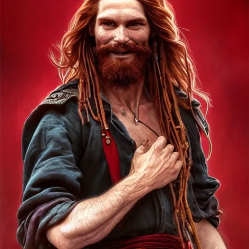 Image similar to portrait of a young ruggedly handsome but joyful pirate, male, masculine, upper body, red crimson crimson hair, long flowing hair, fantasy, smug smirk, intricate, elegant, highly detailed, digital painting, artstation, concept art, matte, sharp focus, illustration, art by artgerm and greg rutkowski and alphonse mucha