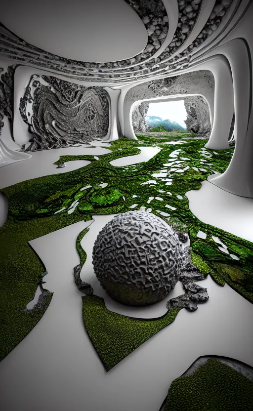 Image similar to highly detailed ultra sharp 3 d render villa interior cinematic composition of a smooth ceramic porcelain biomorphic magnolia stone nebula fluid fractal sci - fi surreal architecture landscape, granite, metallic, magnesium, marble, moss and lichen, vincent callebaut composition, mamou - mani, archviz, beautiful lighting, 8 k, unreal engine, hdr,