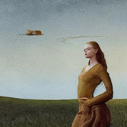 Image similar to Elle Fanning in the painted world of Alien, head and shoulders masterpiece, apocalypse, golden hour, cosmic horror, artstation, in the style of Andrew Wyeth and Edward Hopper and Bosch, extremely detailed
