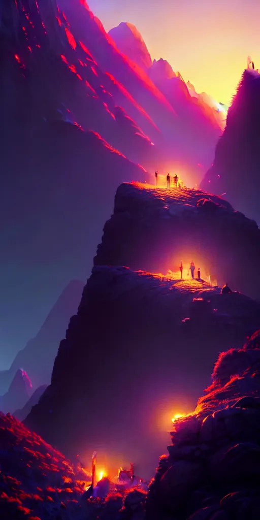 Image similar to highly detailed mountain in night, gta v, stephen bliss, unreal engine, fantasy art by greg rutkowski, loish, rhads, ferdinand knab, makoto shinkai and lois van baarle, ilya kuvshinov, rossdraws, tom bagshaw, global illumination, radiant light, detailed and intricate environment