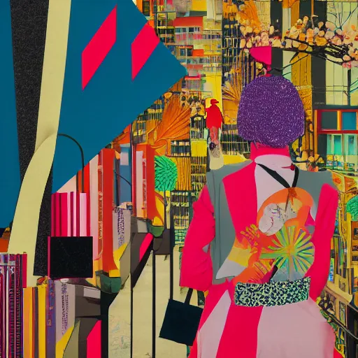 Image similar to maximalist paper collage art of a woman walking through a tokyo shopping district at sunset