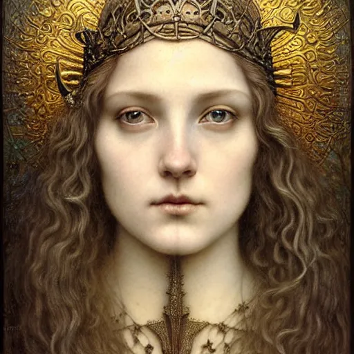 Prompt: detailed realistic beautiful young medieval queen face portrait by jean delville, tom bagshaw, brooke shaden, gustave dore and marco mazzoni, art nouveau, symbolist, visionary, gothic, pre - raphaelite, ornate gilded medieval icon, surreality, ethereal, unearthly, haunting, celestial, neo - gothic, ghostly, memento mori