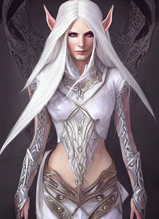 Image similar to portrait of a female elven mage as a diablo 3 character, looking at camera, D&D, white leather dress, long platinum hair, intricate, elegant, stylish, cute smile, fantasy, extremely detailed, digital painting, artstation, concept art, smooth, sharp focus, illustration, ambient lighting, art by artgerm and greg rutkowski and alphonse mucha and simon stalenhag