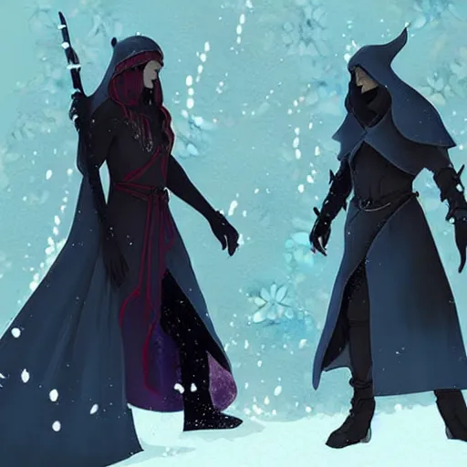 Prompt: a couple of people that are standing in the snow, concept art by Fabien Charuau, trending on pixiv, fantasy art, official art, wiccan, concept art