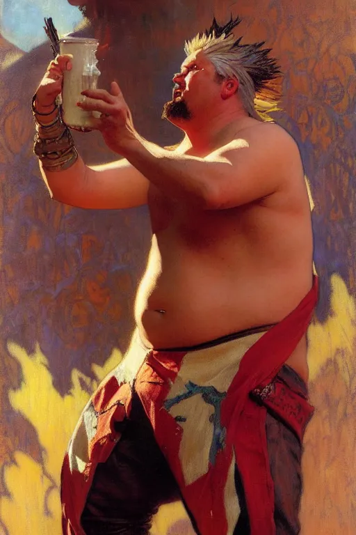 Image similar to guy fieri figure painting, painting by gaston bussiere, craig mullins, greg rutkowski, alphonse mucha