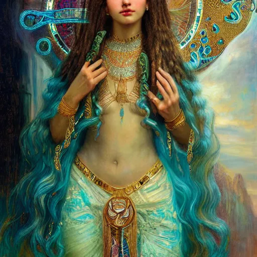 Image similar to artstation, intricate detail, hyper detail, portrait by gaston bussiere, tan skin, lady of elche, egyptian sumerian features, techno mystic goddess princess intergalactica inanna with aqua neon rapunzel dreadlocks,