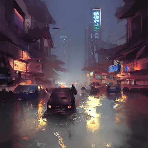 Image similar to Flooding seoul city at night, artstation; by Craig mullins, ross draws, kanliu666, chengwei pan, mingchen shen