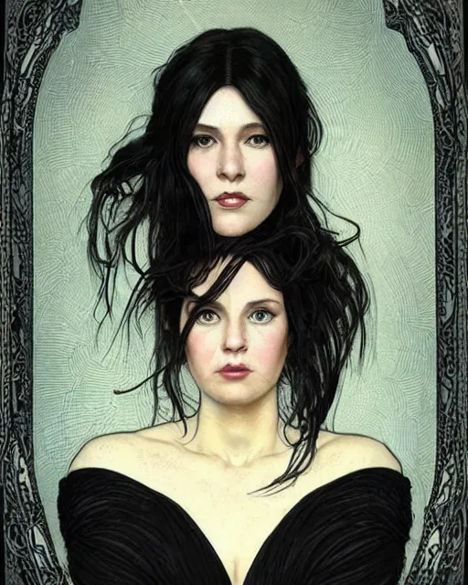 Image similar to portrait of a tall 4 0 - year - old woman with thin lips, long, lush black hair, and thick eyebrows, wearing in black clothes, hyper realistic face, beautiful eyes, close up, fantasy art, in the style of greg rutkowski, intricate, alphonse mucha, hyper detailed, smooth