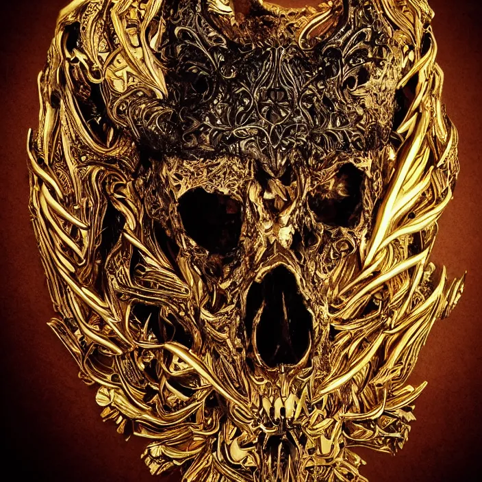 Image similar to photo portrait portrait of skull of wolf, lying on bones, dramatic lighting, golden ornaments, symmetric, intricate skeletal decorations, symmetry, highly detailed, concept art, black, red, white, gold layers, super moon, style of nekroxiii, hyperrealistic