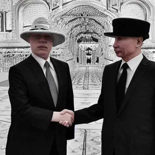 Image similar to cinematic shot of Yung Lean wearing a bucket hat and Vladimir Putin shaking hands with each other in the Kremlin, 8k, hyper intricate, hyper detailed,