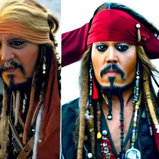 Image similar to donald trump acting next to jack sparrow in the pirates of the caribbean movie
