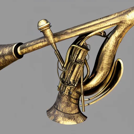 Image similar to a 3 d render of a medieval blowing horn, winding horn, animal horn, higly detailed, mystic, artwork