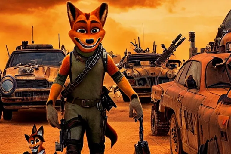 Image similar to nick wilde, heavily armed and armored facing down armageddon in a dark and gritty reboot from the makers of mad max : fury road