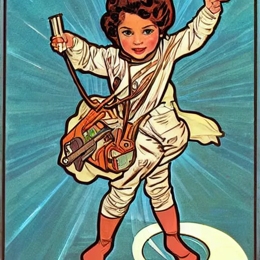 Image similar to a cute little girl with a mischievous face and short brown wavy curly hair. she is dressed as an astronaut. well composed, clean elegant painting, beautiful detailed face. comic book art by steve ditko and jack kirby and ( alphonse mucha )