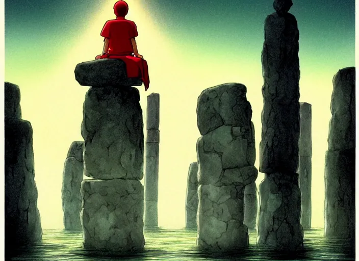 Image similar to a realistic cell - shaded studio ghibli concept art from paprika ( 2 0 0 6 ) of a floating cube from close encounters of the third kind ( 1 9 7 7 ) and a monk meditating on top of a pillar in a flooded stonehenge on a misty starry night. very dull colors, hd, 4 k, hq