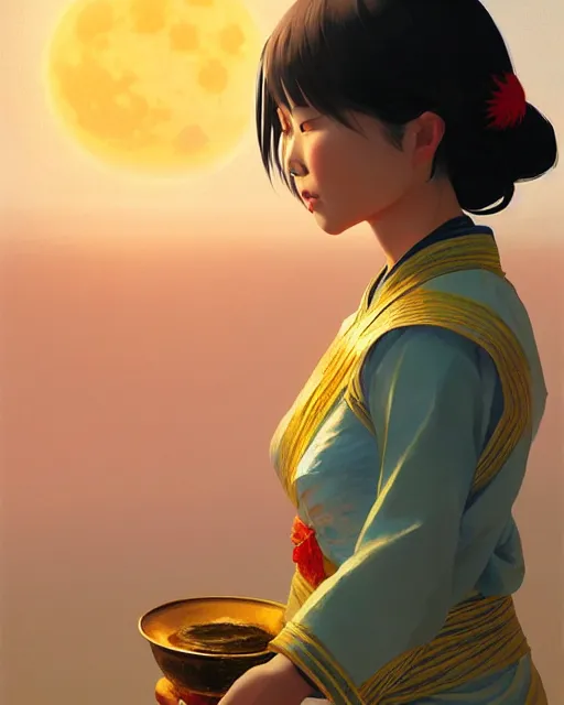 Image similar to asian female wearing traditional vietnam costume, full moon on the sky, a ultra detailed beautiful panting by ilya kuvshinov, greg rutkowski and makoto shinkai, trending on artstation