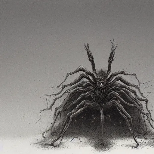 Image similar to huge spider-like creature by Zdzisław Beksiński, caretaker, cosmic horror, darkwave, concept by Alastair Reynolds