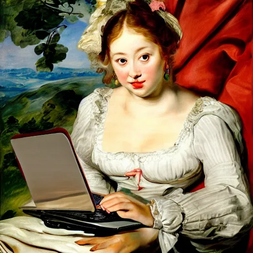 Image similar to heavenly summer sharp land sphere scallop well dressed lady working on her laptop auslese, by peter paul rubens and eugene delacroix and karol bak, hyperrealism, digital illustration, fauvist, looking at her imac laptop