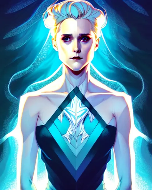 Image similar to artgerm, joshua middleton comic cover art, full body pretty evan rachel wood ice queen, symmetrical eyes, symmetrical face, long curly blue hair, icy forest, chiral lighting