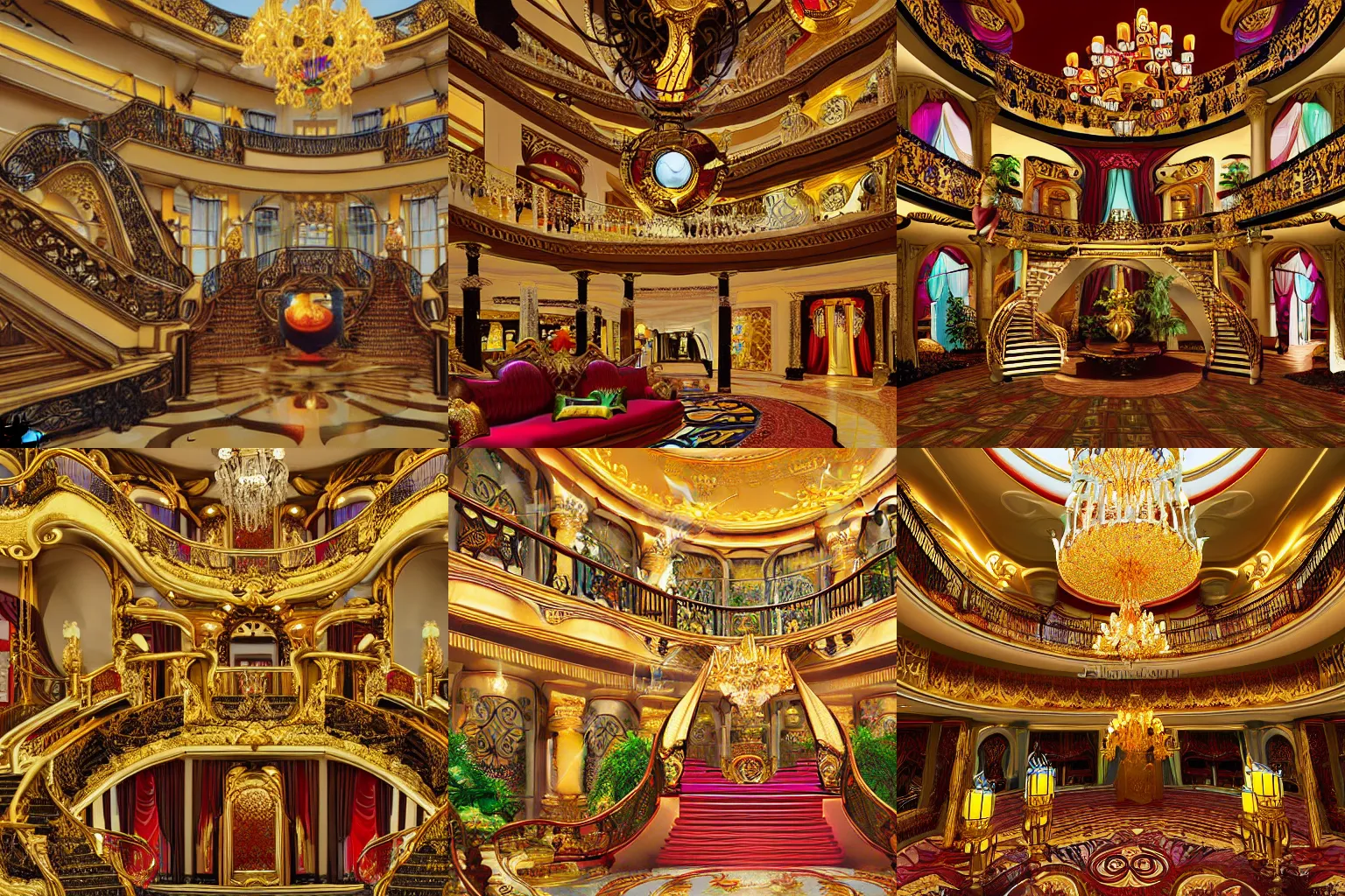 Prompt: large luxurious billionaire's atrium. Maximalist colorful decoration and fancy furniture. Classic architecture with golden accents. Curved staircase with elaborate railing. Large ornate fireplace. Illumination provided by fire torches, chandeliers, and candles. Detailed digital art by studio ghibli