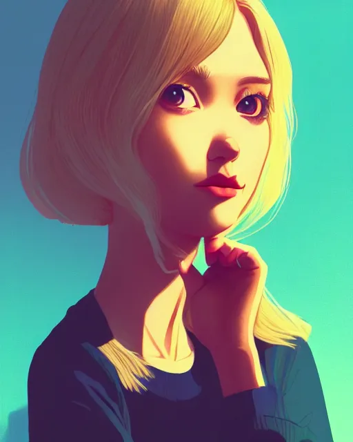 Image similar to digital illustration of pretty girl sa rina with shoulder length blonde hair wearing a sweater, from alice in wonderland, smoking, at night, by ilya kuvshinov, lois van baarle, rossdraws, basquiat