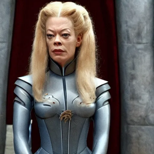 Image similar to seven of nine from star trek sitting on the iron throne in kings landing from game of thrones