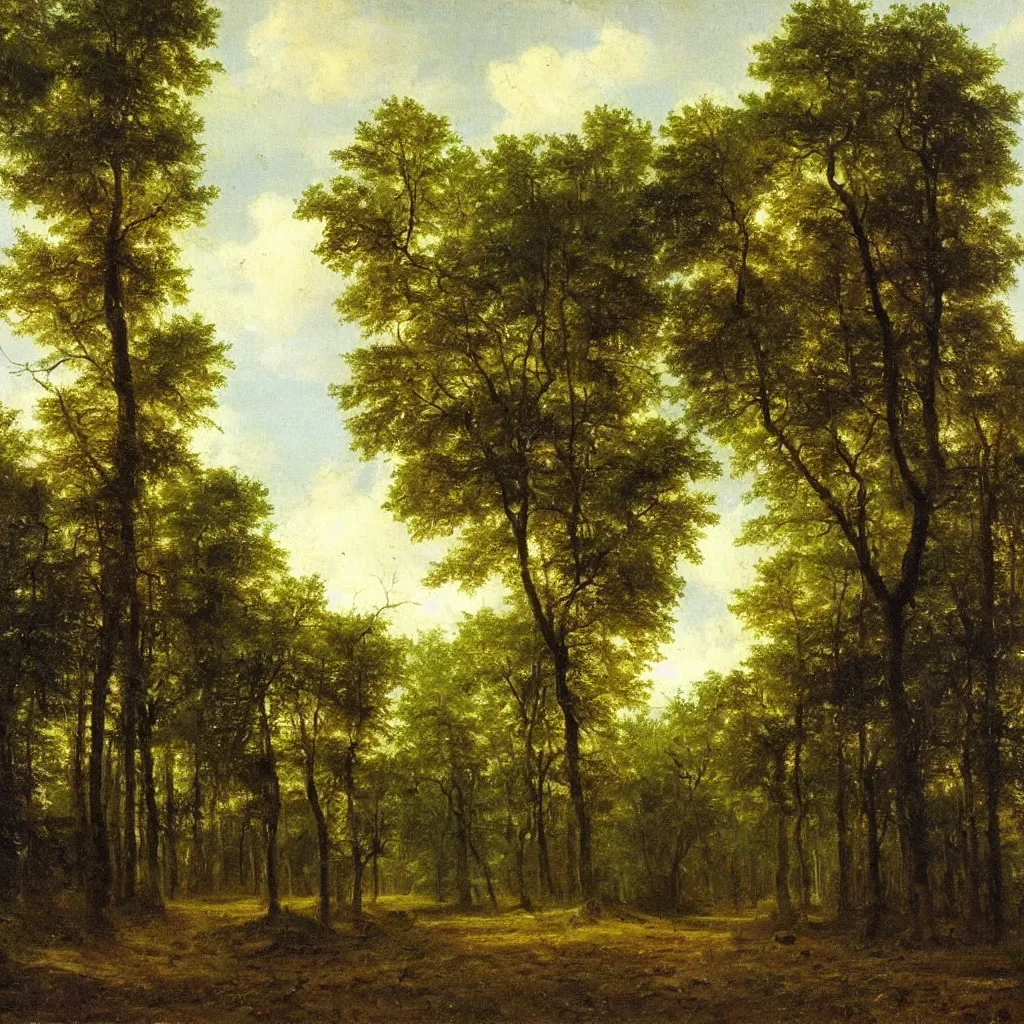 Prompt: a realistic oil painting of a forest at midday, dutch masters