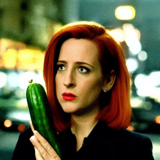 Prompt: agent scully examining a suspicious cucumber on a dark city street, still from a tv show, 9 0 s