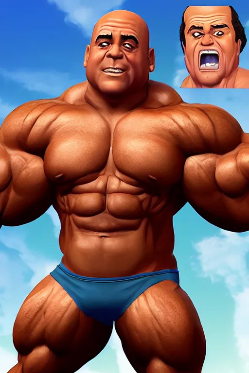 Prompt: portrait of hulking herculean bodybuilder muscular musclebound bodybuilder danny devito, second life avatar, the sims 4