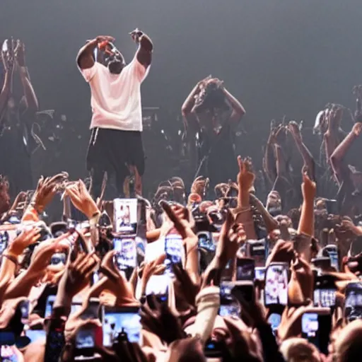 Image similar to kanye west performing a live concert on a moving roller coaster