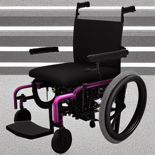 Image similar to a cyberpunk electric wheelchair equipped with a computer shelf that can be moved to work