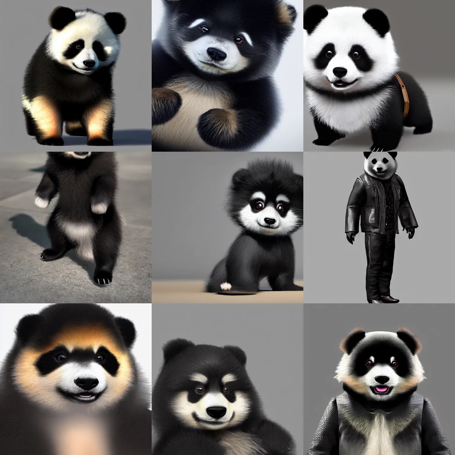 Image similar to a photorealistic image of a charismatic panda style Pomeranian puppy dressed in a stylish black leather jacket Trending on Artstation, featured on Behance, well-rendered, Unreal Engine, 4K HD