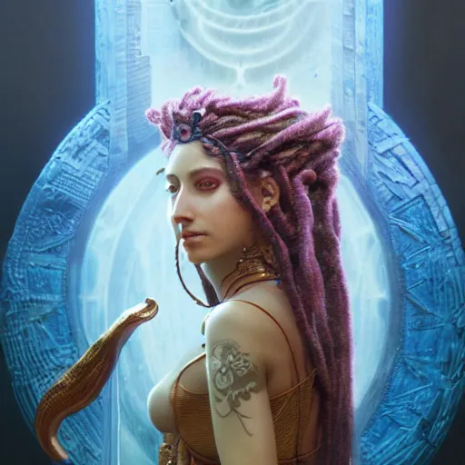 Image similar to unreal engine, octane render, 8 k birth of sumerian goddess inanna ishtar, ashteroth, techno mystic goddess princess intergalactica, with aqua neon rapunzel dreadlocks, mami wata, detailed, by gaston bussiere, bayard wu, greg rutkowski, giger, maxim verehin, greg rutkowski, masterpiece, sharp focus,