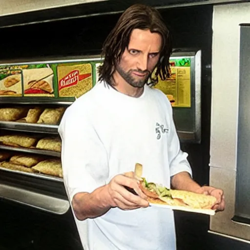 Prompt: aragorn working at subway making sandwiches