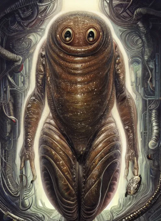 Image similar to far away, full body shot of elon musk as slimy anthropomorphic mollusk character, drool, intricate, elegant, highly detailed, digital painting, artstation, concept art, wallpaper, smooth, sharp focus, illustration, art by h. r. giger and artgerm and greg rutkowski and alphonse mucha