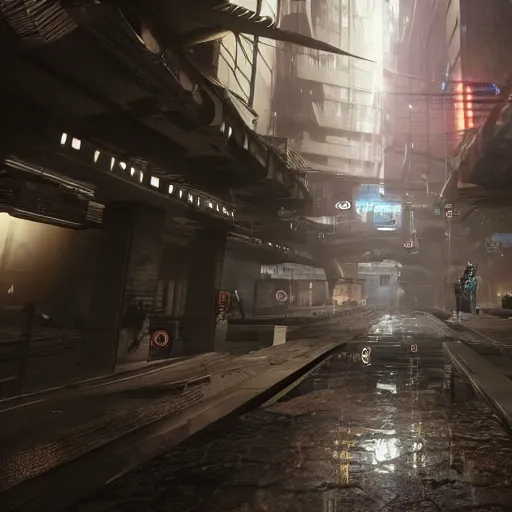 Image similar to photoreal gameplay screenshot of a 3rd person shooter cyberpunk destiny in an underground city. Atmospheric and ominous lighting, by Neil blomkamp