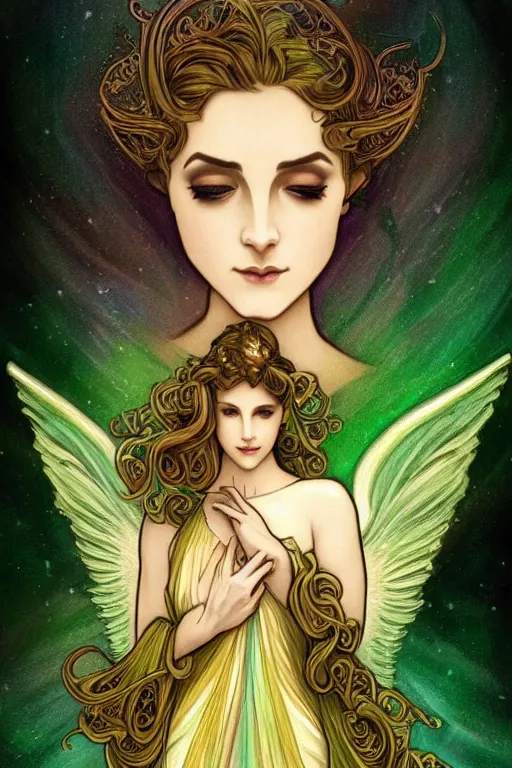 Image similar to a magic the gattering illustration of a woman angel , fantasy, gradient black green gold, dreamy and ethereal, green eyes, golden ratio, peaceful expression, ornate frilly dress, fantasy, intricate, elegant, rainbow splash of ink, highly detailed, digital painting, artstation, concept art, smooth,b sharp focus, illustration, art by scott fisher and alphonse mucha