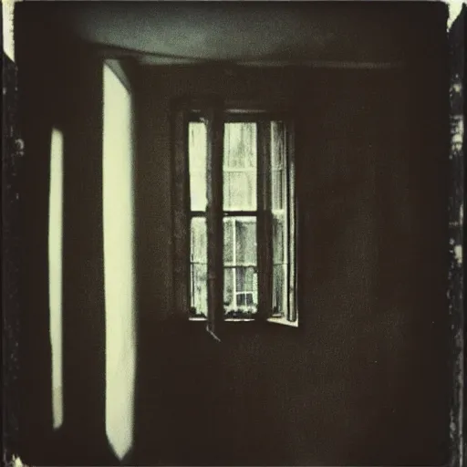 Image similar to the interior of a dark abandoned house with a creepy pale face at the top of a dark stairwell, old polaroid, blurry photo, expired film,