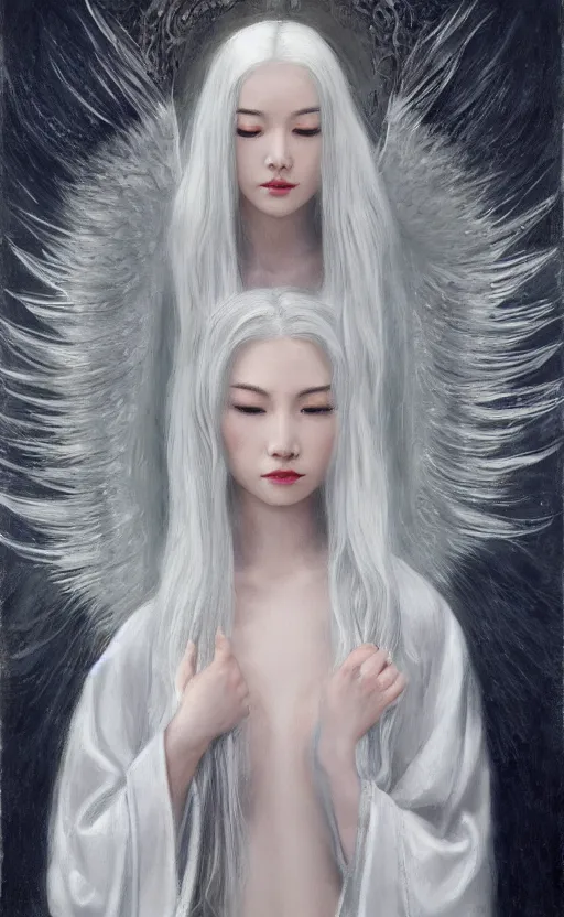 Prompt: angel with silver hair so pale and wan! and thin!?, flowing robes, covered in robes, lone pale asian goddess, wearing robes of silver, flowing, pale skin, young cute face, covered!!, clothed!! lucien levy - dhurmer, jean deville, oil on canvas, 4 k resolution, aesthetic!, mystery