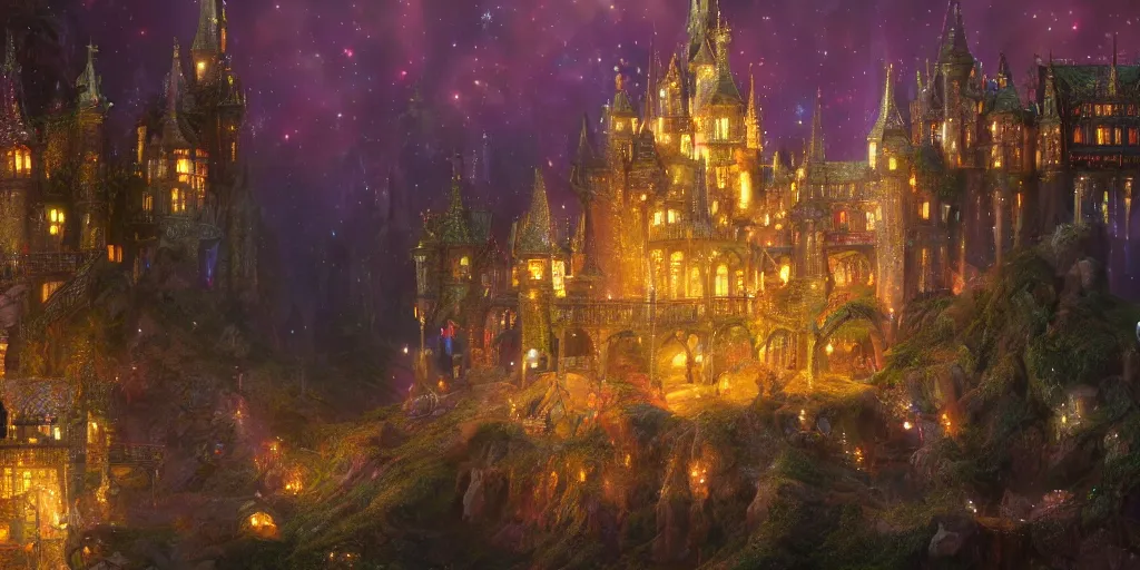 Prompt: a glittering fairy castle at night, extremely detailed oil painting, unreal 5 render, fantasy digital art, octane render, beautiful composition, trending on artstation, award-winning photograph, masterpiece