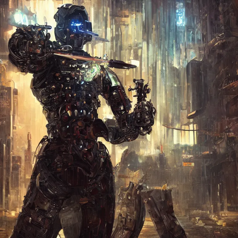 Image similar to a glitched oil painting of a cybernetic cowboy/knight duelwielding a revolver and longsword in the style of cyberpunk in the style of high fantasy art detailed realistic High Resolution HD 8k