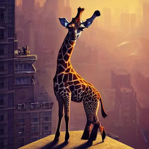 Prompt: a full body painting of a [ giraffe standing on rooftop ] [ no man ], intricate, epic lighting, cinematic composition, hyper realistic, 8 k resolution, unreal engine 5, by artgerm, tooth wu, dan mumford, beeple, wlop, rossdraws, james jean, andrei riabovitchev, marc simonetti, artstation