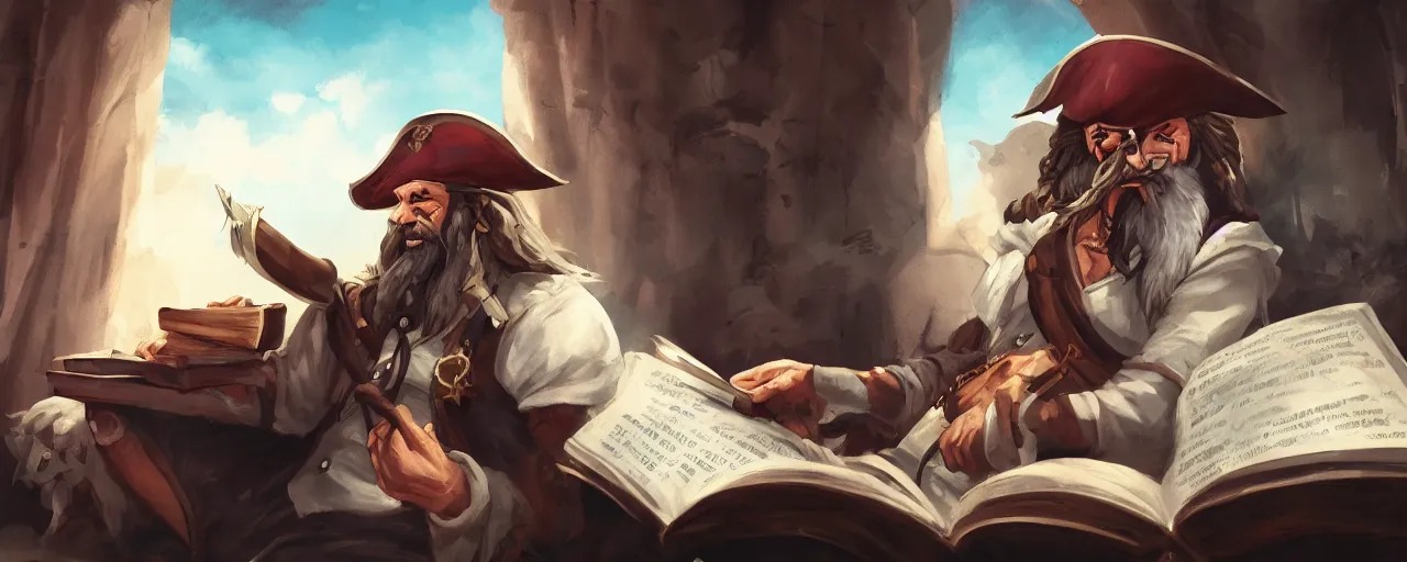 Prompt: pirate with a long beard and a scimitar reading a book, anime, trending in artstation, 8k, dark lighting