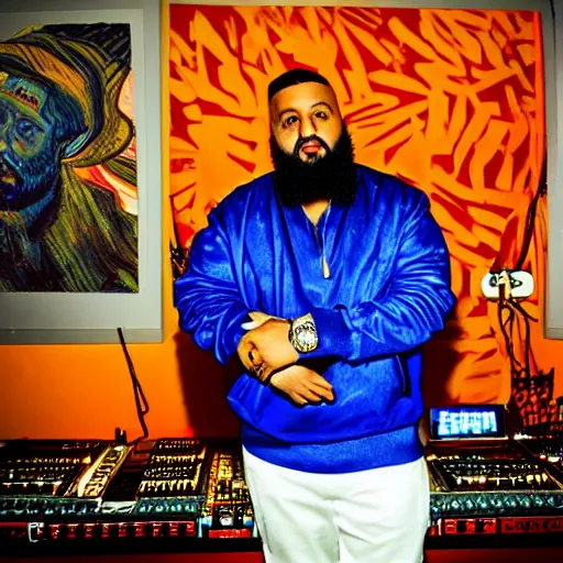 Image similar to ultra detailed portrait photo of dj khaled in a studio, blue, under red and yellow cinematic lighting, by van gogh