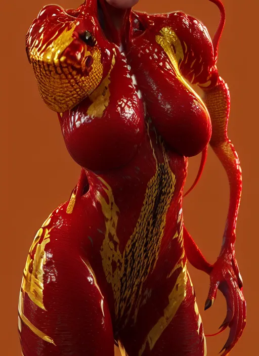 Prompt: female red and gold venom, naturel, hyper detailed, digital art, trending in artstation, cinematic lighting, studio quality, smooth render, unreal engine 5 rendered, octane rendered, art style by klimt and nixeu and ian sprigger and wlop and krenz cushart